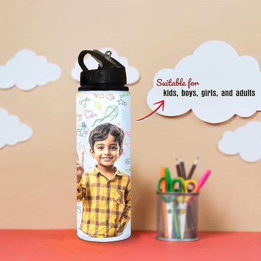 Personalized Photo Printed Sipper Bottle with Straw | Customized 750ml BPA-Free Water Bottle for Kids, School & Gym | Unique Birthday Gift