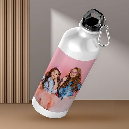 Personalized Custom Photo Printed Aluminum Sports Water Bottle (750ml) – White Glossy Finish with Carabiner Clip