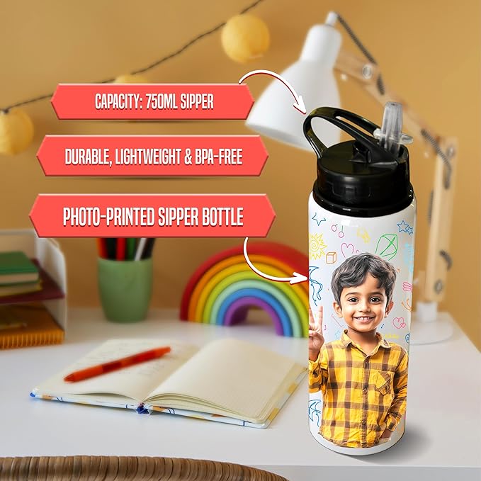 Personalized Photo Printed Sipper Bottle with Straw | Customized 750ml BPA-Free Water Bottle for Kids, School & Gym | Unique Birthday Gift