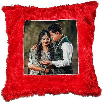 Personalized Red Fur Heart-Shaped Photo Pillow with Free Keychain – Romantic Valentine’s Day Gift