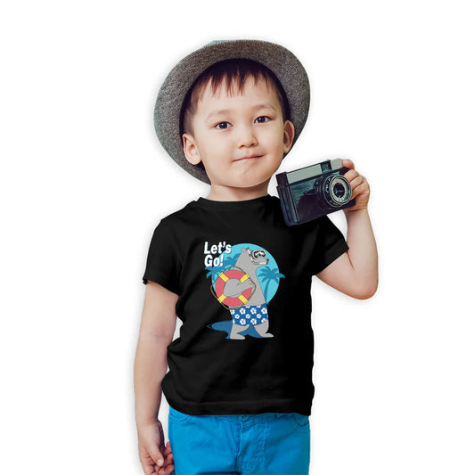 "Let's Go Play" Basketball & Football Hippo Graphic Cotton kid's T-Shirt