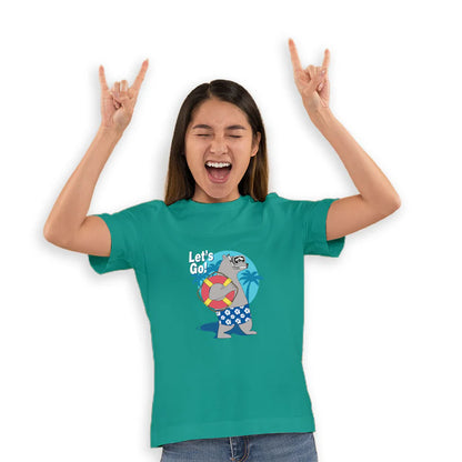 "Let's Go Play" Basketball & Football Hippo Graphic Cotton kid's T-Shirt